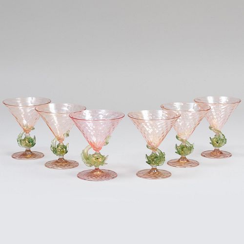 Set of Six Venetian Conical Glasses with Dolphin Supports