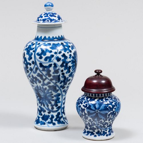 Chinese Blue and White Porcelain Baluster Jar and a Smaller Jar with Wood Cover
