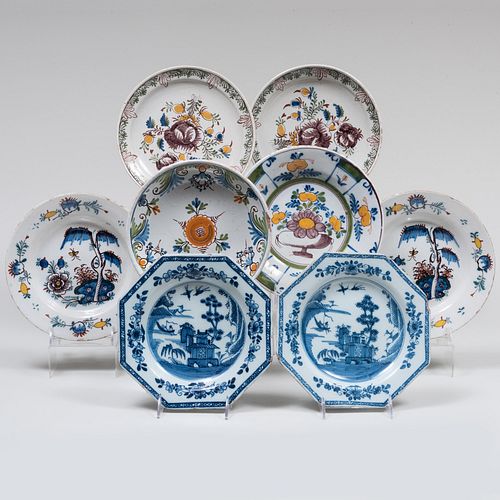 Three Pairs of Delft Pottery Plates and Two Other Plates