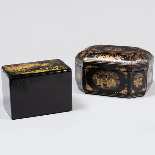 A Regency Black Japanned Octagonal Box and a Regency Black Japanned and Colored Print Tea Caddy 