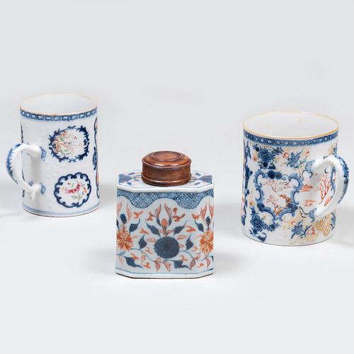 Two Chinese Export Porcelain Mugs and a Tea Caddy