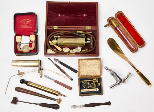 Early Microscope and assorted Medical Instruments