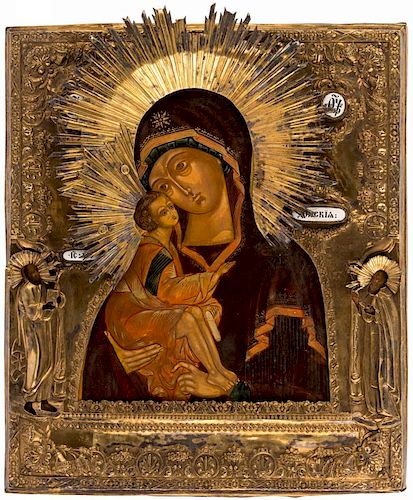 A RUSSIAN ICON OF THE DONSKAYA MOTHER OF GOD IN A GILT SILVER OKLAD, MARKED DD, MOSCOW, 1830S