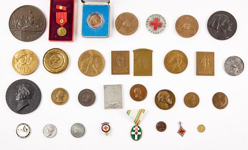 Lot of 31 Silver and Bronze Red Cross Medals, Pins