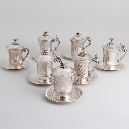 Assembled Set of Seven Egyptian and Turkish Cups, Covers and Saucers