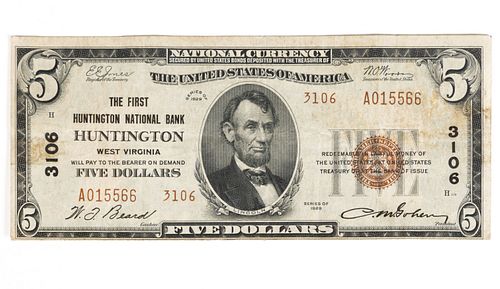 HUNTINGTON, WEST VIRGINIA OBSOLETE NATIONAL CURRENCY $5 NOTE