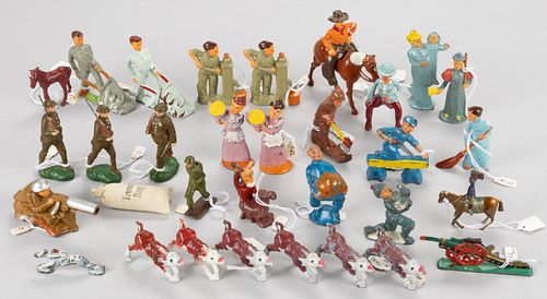 PAINTED METAL TOYS, INCLUDING HAPPY FARMERS, LOT OF 32
