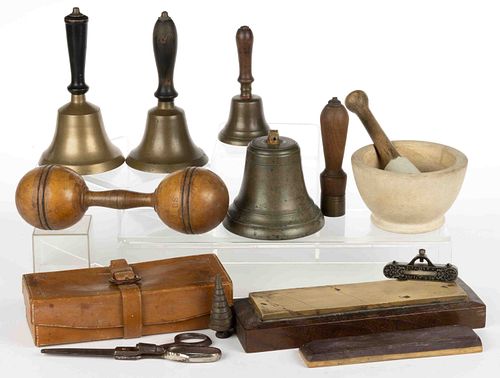 ASSORTED SCHOOL BELLS AND DOMESTIC ARTICLES, LOT OF 13