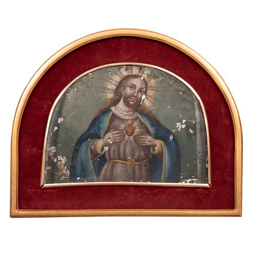 Anónimo, México, ca. 1900). Sagrado Corazón de Jesús. Sin firma.Óleo sobre lámina de zinc.18 x 24 cm, medio punto