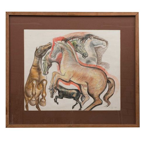 JOSÉ GARCÍA NAREZO. Sin título (escena de caballos). Firmado y fechado 1981. Lápices de color sobre papel. 57 x 67 cm