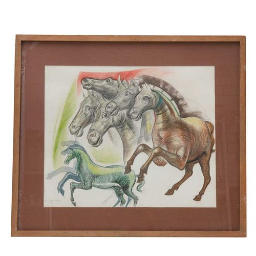 JOSÉ GARCÍA NAREZO.Sin título (escena de caballos). Firmado y fechado 1981. Lápices de color sobre papel. 57 x 69 cm