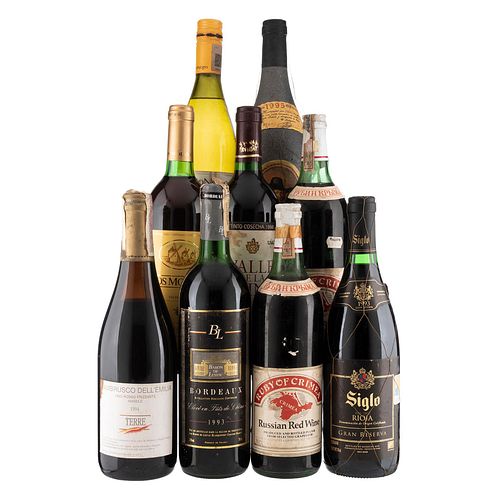 Lote de Vinos Tintos y Blancos de España, Italia, Francia, Rusia y Chile. En presentaciones de 750 ml. Total de piezas: 9.

