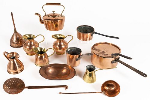 ASSORTED BRASS AND COPPER KITCHENWARE ARTICLES, LOT OF 13