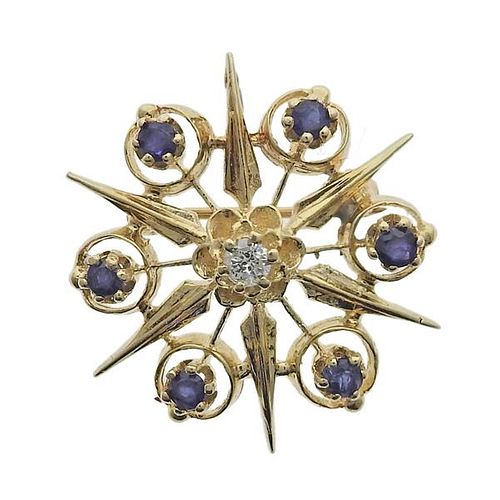 14k Gold Diamond Sapphire Brooch Pendant