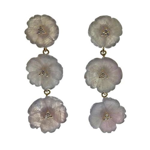 18k Gold Carved Sapphire Diamond Flower Drop Earrings