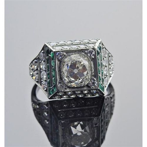 Platinum 1.87ct Old Mine Diamond Emerald Engagement Ring