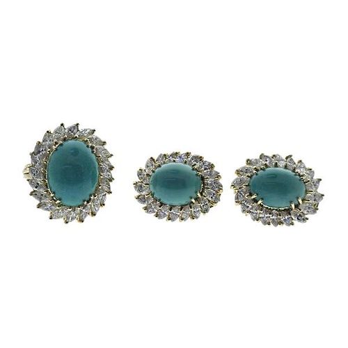 18k Gold 8.30ctw Diamond Turquoise Earrings Ring Set