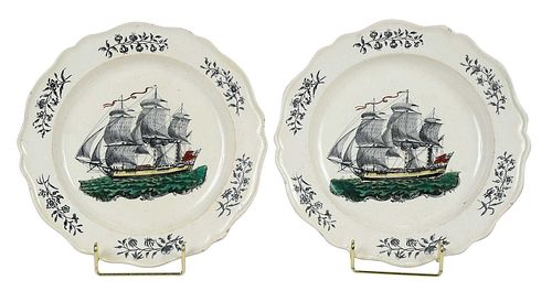 Pair of Liverpool Creamware Plates with Clipper Ship Decoration