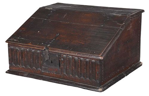Large Early British Carved Slant Lid Box