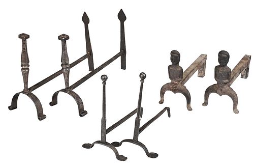 Three Pairs of Andirons, Steel and Cast Iron