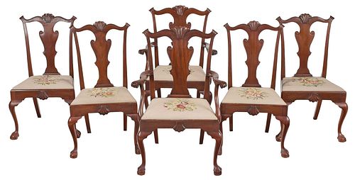 Set of Six Philadelphia Chippendale Style Needlepoint Upholstered Dining Chairs