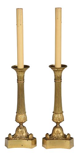 Pair of Gilt Bronze Candlesticks Converted to Lamps