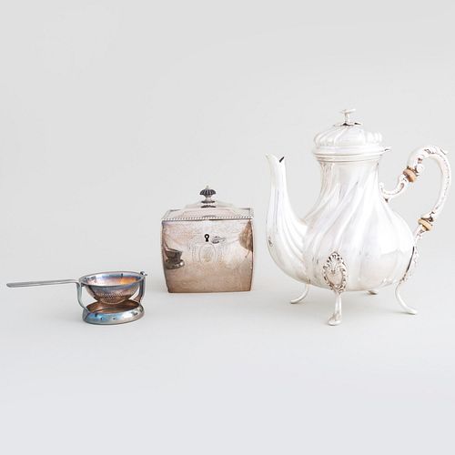 Continental Silver Tea Pot, a Silver Plate Tea Caddy, and a Christofle Tea Strainer