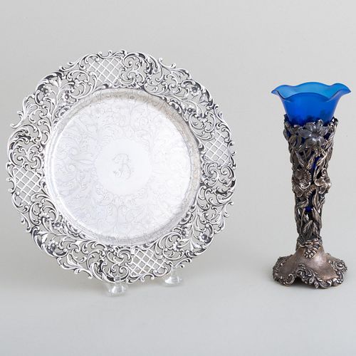 Caldwell Silver Pierced Dish and an American Silver Bud Vase with Blue Glass Insert