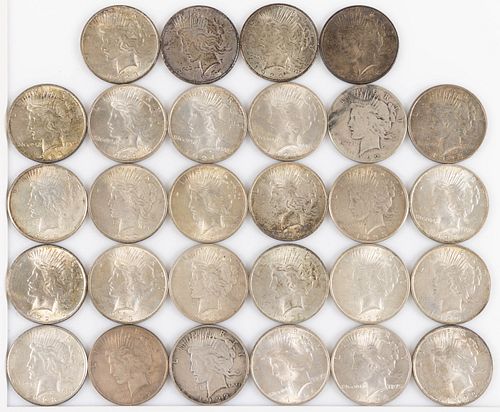 ASSORTED UNITED STATES PEACE SILVER DOLLARS, LOT OF 28