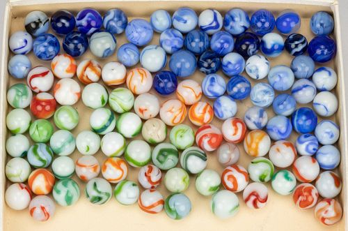 ALLEY AGATE MACHINE-MADE GLASS MARBLES, LOT OF 105