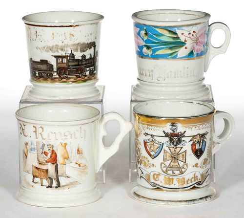 CONTINENTAL PORCELAIN OCCUPATIONAL SHAVING MUGS, LOT OF FOUR