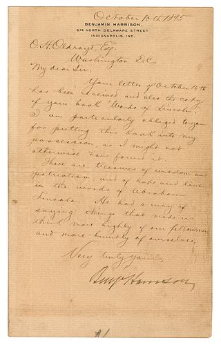 Benjamin Harrison Letter Signed on Abraham Lincoln