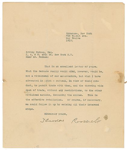 Theodore Roosevelt Typed Letter Signed on WWI