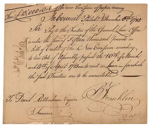 Benjamin Franklin Document Signed for New Currency
