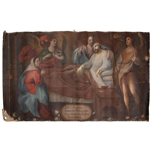 TRÁNSITO DE SAN JOSÉ. MÉXICO, SIGLO XVIII. Óleo sobre tela. Con inscripción en tarja. 118 x 192 cm.