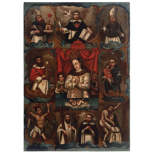 NUESTRA SEÑORA DE ALTA GRACIA CON DONANTE Y SANTOS. MÉXICO, SIGLO XVIII. Óleo sobre tela. 84 x 60 cm.