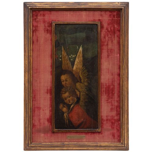 PAR DE ANGELILLOS. SIGLO XVIII. Óleo sobre tela. Con placa referida: “Botticelli ca. 1468”. 49 x 20 cm.