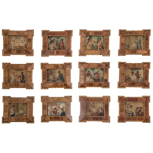 A LA MANERA DEL SIGLO XVIII. SERIE DE DOCE PINTURAS DE CASTAS. MÉXICO, SIGLO XX. Óleo sobre tela. 14 x 20 cm.