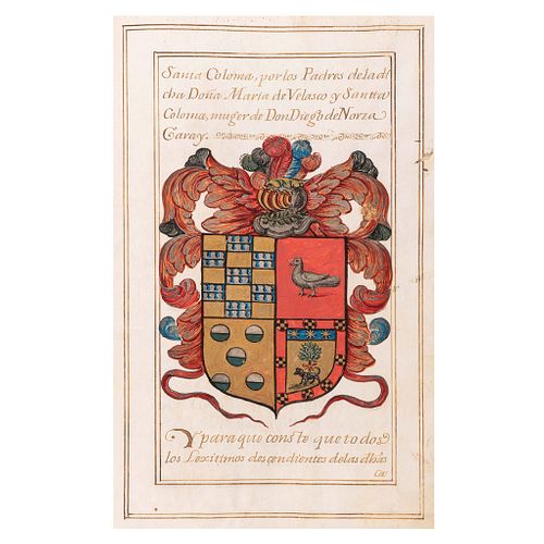 Morales Zarco, Francisco de. Certificado de Armas y Linajes. Madrid a 29 de Febrero de 1698. Manuscrito sobre vitela. Con 6 escudos.