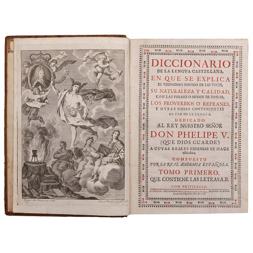La Real Academia Española. Diccionario de la Lengua Castellana. Madrid, 1726 - 1739. Tomos I - VI. Un grabado. Piezas: 6.