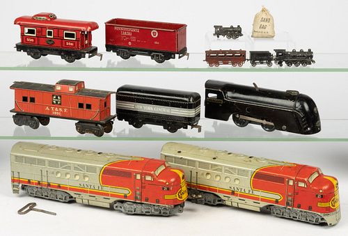 ASSORTED METAL MARX AND OTHER  MODEL RAILROAD TRAIN LOCOMOTIVES AND CARS, LOT OF 11