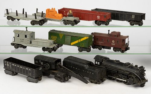 ASSORTED LIONEL AND MARX  MODEL RAILROAD POST-WAR O-GAUGE TRAIN LOCOMOTIVES AND CARS, LOT OF  11