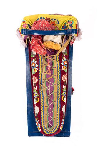 Chippewa Beaded and Embroidered Cradle with Moccasins and Bonnet