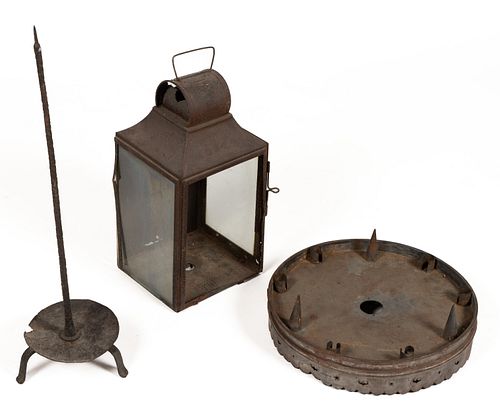 ASSORTED SHEET-IRON / WROUGHT-IRON LIGHTING ARTICLES, LOT OF THREE