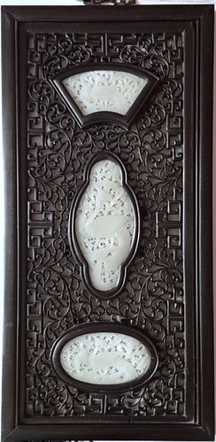 Chinese Wood Wall Panel w Jade Inlaid.