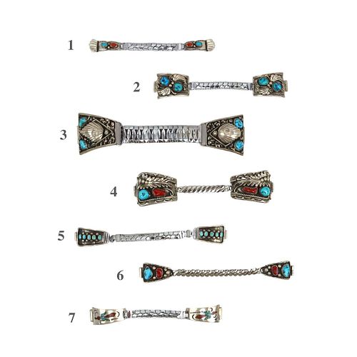 Group of Navajo Turquoise, Coral and Silver Watchband Tips on Extendable Watchbands (J91006A-1122-026)