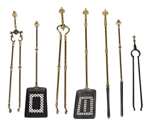 Group of Seven Assorted Brass and Iron Fire Tools