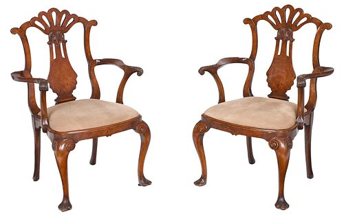 Pair Early Georgian Style Carved Mahogany Burlwood Veneered Open Armchairs