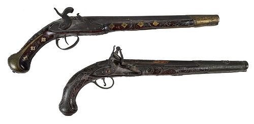 Two 19th Century Pistols with Wire Inlay 