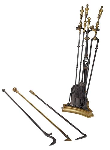 Set of Oscar Bach Attributed Brass and Iron Fireplace Tools